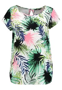 Top de manga corta con estampado floral que presenta hojas verdes, rosas y negras sobre un fondo blanco. Cuello redondo con un detalle de abertura en la parte posterior.