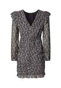 Vestido de patrón en blanco y negro con mangas largas, escote en V profundo, hombros con volantes, cintura fruncida y detalle de dobladillo con volantes. Tela semitransparente.