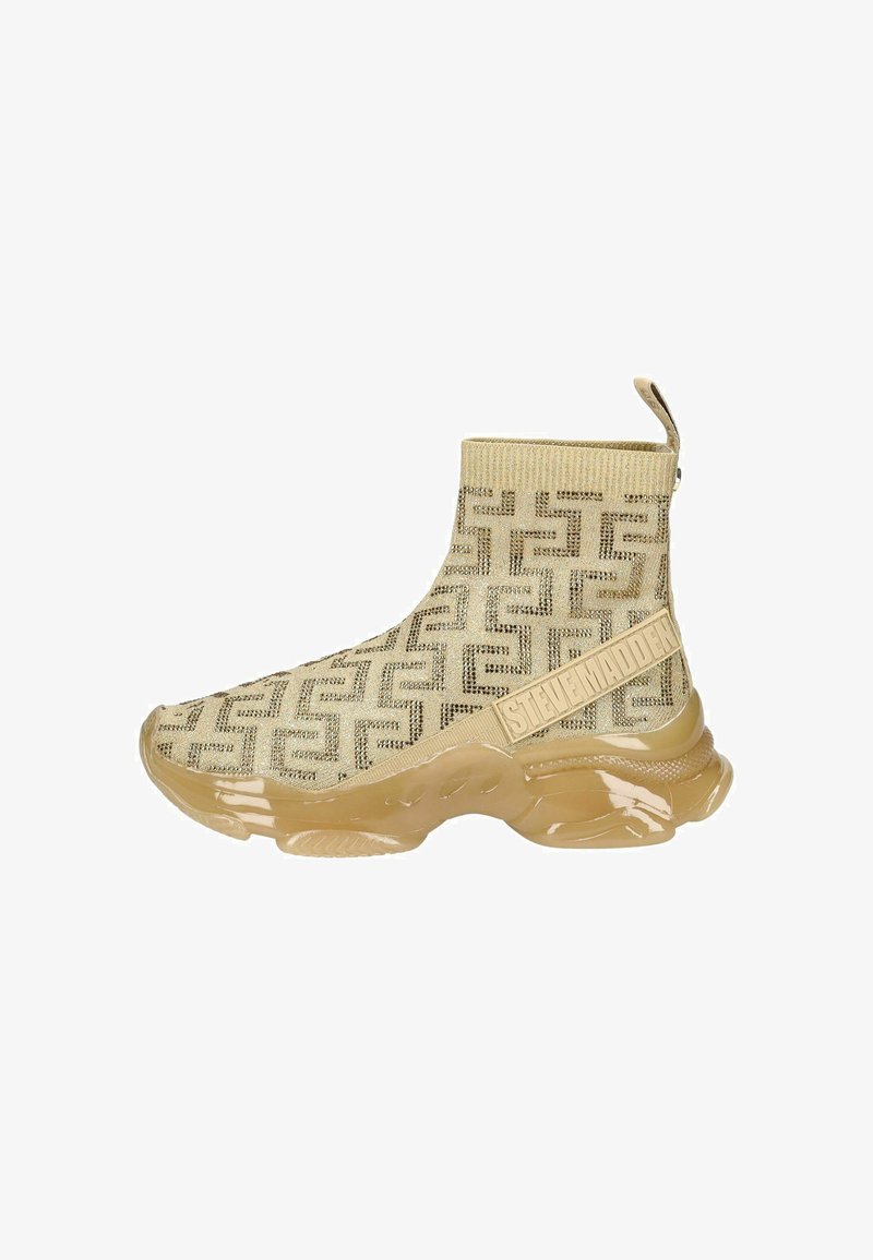 Beige sock-style sneaker with textured fabric featuring a geometric pattern, elastic collar, and glossy beige sole. Accented with logo strap.