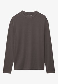 Szary top z długim rękawem, okrągłym dekoltem, prążkowaną fakturą, opuszczonymi ramionami i przeszyciami przy dekolcie.