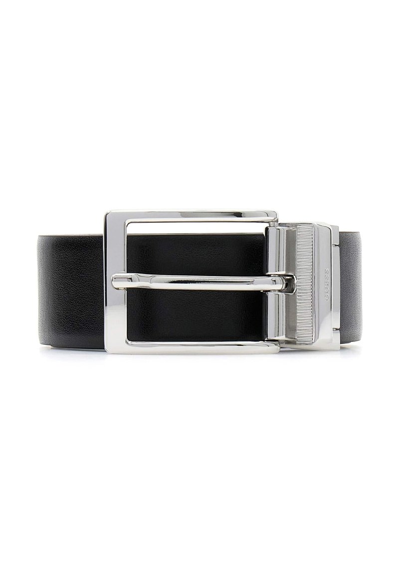 Ceinture en cuir noir dotée d'une boucle rectangulaire argentée avec un accent texturé et une finition élégante. La largeur est uniforme et le design est minimaliste.
