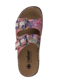 Tongs à motif floral avec deux sangles réglables en argent, semelle intérieure texturée et semelle rembourrée pour un confort optimal.