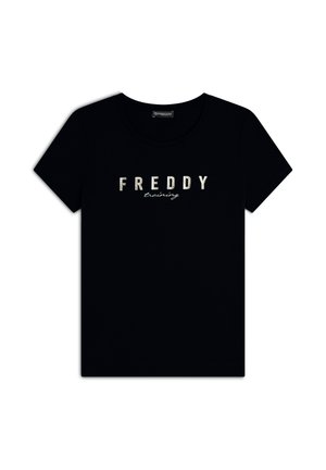 T-shirt nera in cotone con scollatura rotonda e maniche corte. Presenta la scritta bianca "FREDDY" e un grafico corsivo "training" sulla parte anteriore.