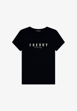 T-shirt nera in cotone con scollatura rotonda e maniche corte. Presenta la scritta bianca "FREDDY" e un grafico corsivo "training" sulla parte anteriore.