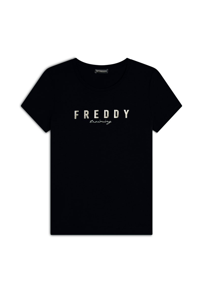 T-shirt nera in cotone con scollatura rotonda e maniche corte. Presenta la scritta bianca "FREDDY" e un grafico corsivo "training" sulla parte anteriore.