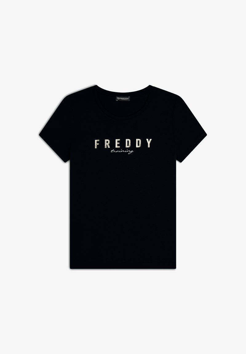 T-shirt nera in cotone con scollatura rotonda e maniche corte. Presenta la scritta bianca "FREDDY" e un grafico corsivo "training" sulla parte anteriore.
