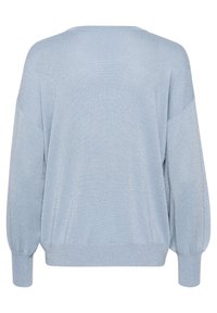 Pull bleu clair à manches longues avec une légère brillance, poignets côtelés et coupe ample et décontractée, vu de dos.