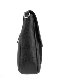 Black leather handbag with a textured finish, a zip closure, and a slim profile. Features a metal ring for strap attachment.