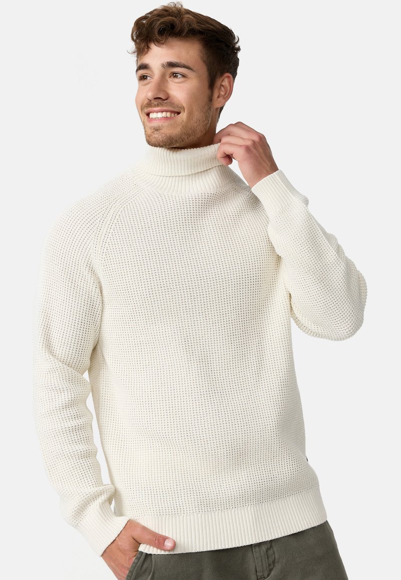 Pull à col roulé couleur crème avec un motif de tricot texturé, des poignets et un ourlet côtelés. Le modèle le porte dans une pose décontractée, la main sur le col.