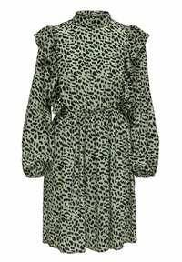 Robe verte à imprimé animalier noir, col haut, épaules volantées et manches longues bouffantes. Taille élastique avec coupe ample.