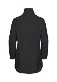 Schwarze Fleecejacke mit hohem Kragen, langen Ärmeln und strukturierter Oberfläche. Mit einem leicht geschwungenen Saum und ohne sichtbare Verschlüsse.