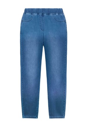 Pantalon en denim bleu avec taille élastique, poches avant et jambes fuselées, présenté sur un fond blanc.