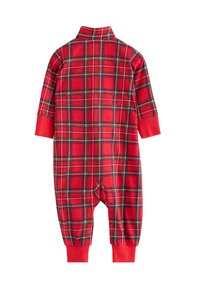 Tuta a scacchi rossi con maniche lunghe e colletto. Presenta una combinazione di linee verdi, gialle e nere. I polsini sono di un rosso uniforme. Tessuto morbido.