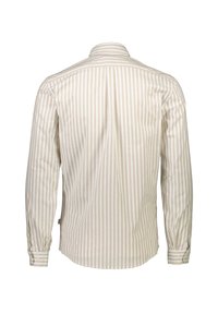 Pitkähihaista kauluspaitaa vaaleanbeigellä värillä, jossa on valkoisia pystysuoria raidoituksia. Puuvillakangasta, jossa napitettu hihansuu ja kaareva helma.