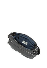 Borsa multifunzionale grigia con esterno in pelle liscia, chiusure a zip e interno in tessuto blu navy con una piccola tasca e etichetta.