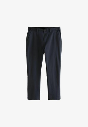 Schwarze, maßgeschneiderte Stoffhosen mit geradem Bein, Knopf- und Reißverschluss, Vordertaschen und Gürtelschlaufen vor weißem Hintergrund.