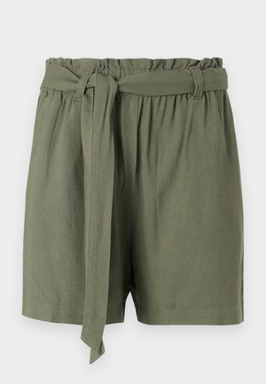 Olivově zelené šortky vyrobené z lehkého materiálu, se zvýšeným pasem, elastickým páskem a zavazovacím detailem pro nastavitelnou velikost.