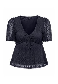 Blouse en dentelle noire avec des manches courtes bouffantes, un décolleté en V et un détail de nouage à l'avant, présentant un tissu délicatement orné de motifs.