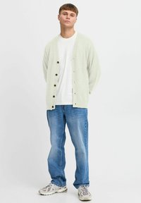 Cárdigan de punto verde claro con siete botones, combinado con una camiseta blanca sencilla y jeans azules. Calzado informal completa el look.