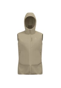 Beige sleeveless vest with a hood, featuring a front zipper and a textured lower panel. logo on the upper left side, smooth material.