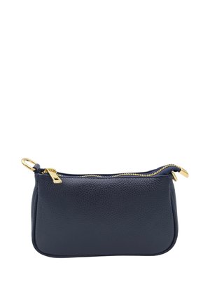Piccola pochette in pelle blu navy con cerniera dorata e anelli metallici alle estremità, su sfondo bianco.