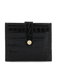 Black croc-embossed wallet with shiny finish, magnetic snap closure, and gold hardware accent. Compact design with multiple card slots.