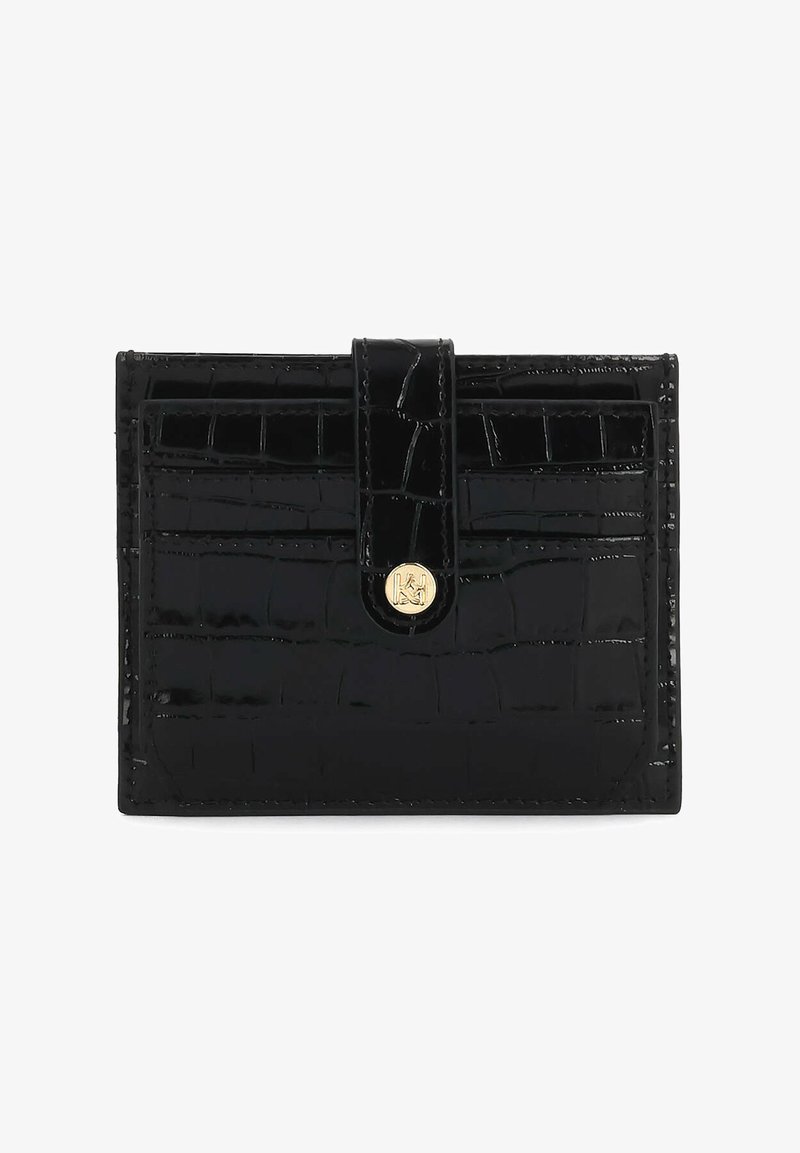 Portefeuille noir en cuir embossé crocodile avec finition brillante, fermeture magnétique à pression et accents en or. Design compact avec plusieurs fentes pour cartes.