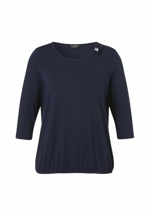 Marineblaue Damenbluse mit Dreiviertelärmeln, rundem Ausschnitt, kleinem Schulterausschnitt und elastischem Saum.