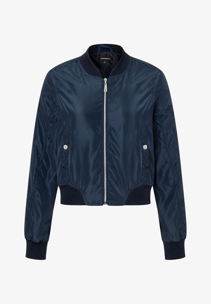 Veste bomber bleu marine avec fermeture éclair frontale, col côtelé, poignets et ourlet, et deux poches latérales à pression.