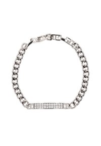 Hopeaketju rannekoru, jossa on litteä keskiosa, jossa on kirkkaat strassit. Rakennekuvioidut lenkit ja turvallinen lukitusmuotoilu.