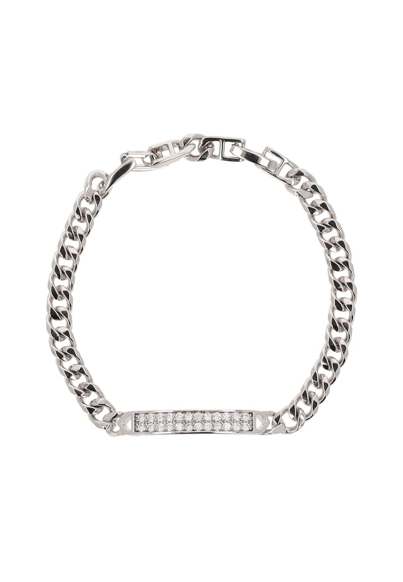 Hopeaketju rannekoru, jossa on litteä keskiosa, jossa on kirkkaat strassit. Rakennekuvioidut lenkit ja turvallinen lukitusmuotoilu.
