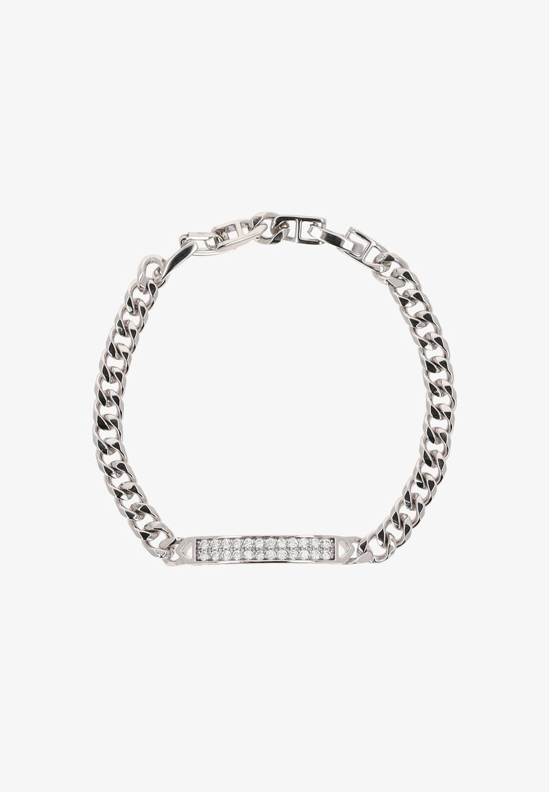 Ezüst lánc karkötő lapos középsőrészével, beágyazott tiszta strasszokkal. Hangsúlyos textúrájú linkek és biztonságos csat kialakítás.