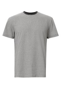 Stribet T-shirt i sort og hvid med rund hals, korte ærmer og et lille logo på brystet. Bomuldsstof med en blød tekstur.