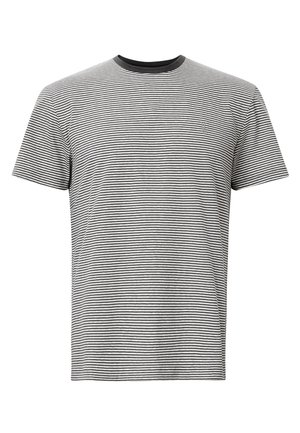 Black and white striped T-shirt with a crew neck, short sleeves, and a small logo on the chest. Cotton fabric with a soft texture.