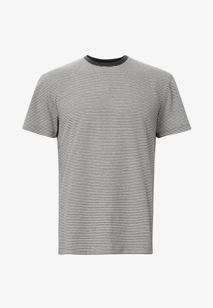 Black and white striped T-shirt with a crew neck, short sleeves, and a small logo on the chest. Cotton fabric with a soft texture.
