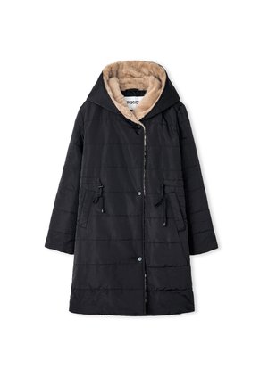 Schwarze gepolsterte Jacke mit Kapuze, ausgestattet mit einem Kunstpelzfutter. Sie hat einen Knopfverschluss, eine Kordelzug-Taille und seitliche Taschen.