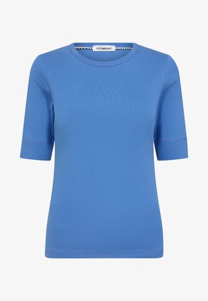 Blaues kurzärmliges T-Shirt aus weichem Stoff mit rundem Halsausschnitt und subtilen Nahtdetails an den Ärmeln und dem Saum.