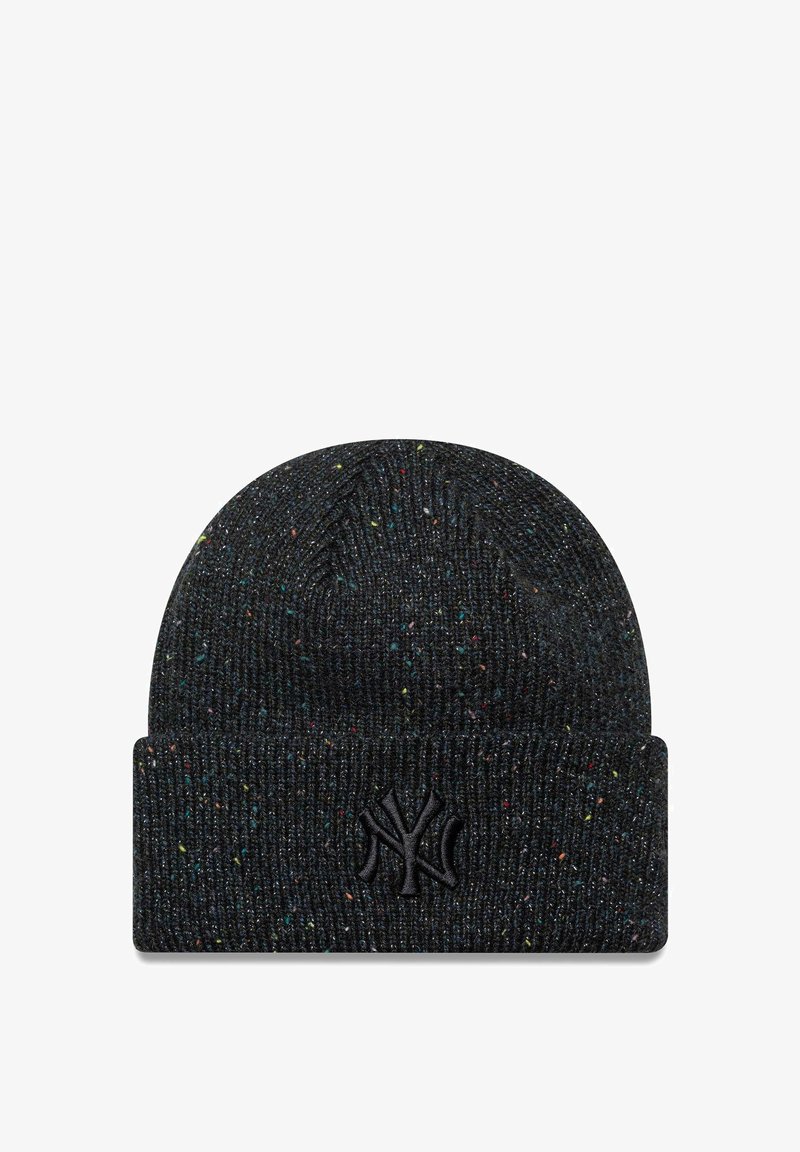 Beanie nera con una texture a coste e delle macchie multicolori. Presenta un risvolto con un logo in rilievo sulla parte anteriore.