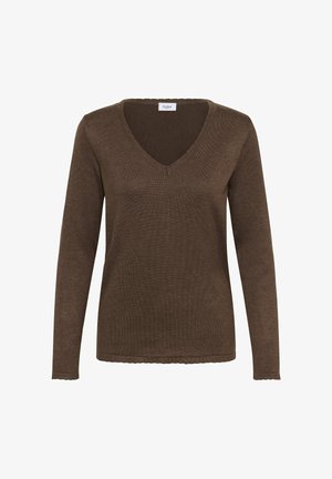 Brauner langärmeliger V-Ausschnitt-Pullover mit gerippten Kanten und einem kleinen gewellten Saumdetail.