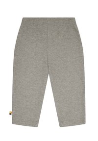 Graue, gerippte Hose mit elastischem Bund; verfügt über ein farbenfrohes Etikett an der Seite. Glatte Textur, gerades Bein Design.