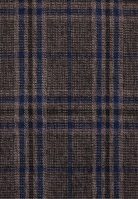 Szara i niebieska tkanina w kratę o teksturowanym wzorze splotu tworzącym przecinające się poziome i pionowe linie.