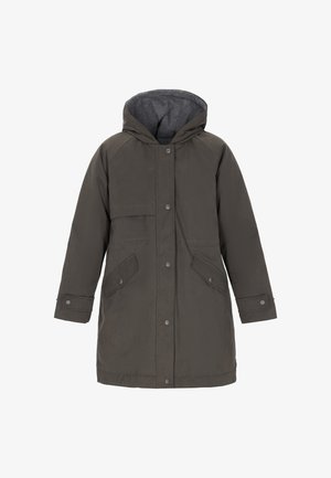 Donkergrijze parka jas met een capuchon, voorzien van een ritssluiting aan de voorkant, drukknoopsluiting, twee voorzakken en een zachte grijze voering.