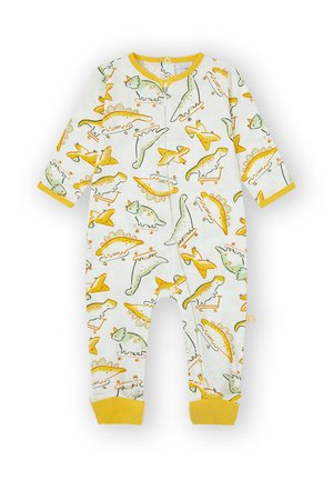 Pelele blanco para bebé de manga larga con ribete amarillo, con ilustraciones divertidas de dinosaurios amarillos y verdes sobre monopatines.
