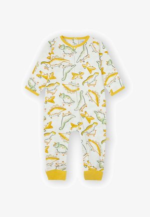 Pelele blanco para bebé de manga larga con ribete amarillo, con ilustraciones divertidas de dinosaurios amarillos y verdes sobre monopatines.
