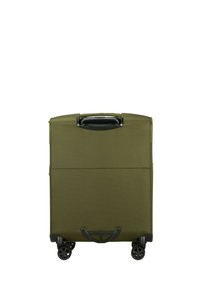 Olive green wheeled suitcase with a textured exterior, retractable handle, and four black spinner wheels for easy mobility.