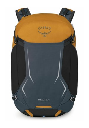 Zaino da escursionismo Osprey Hikelite 26 arancione e grigio con spallacci imbottiti e dettagli riflettenti.
