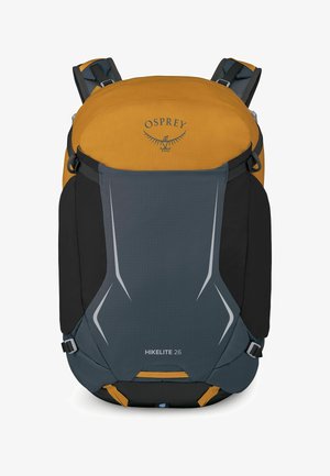 Osprey Hikelite 26 hiking backpack in orange and gray with padded shoulder straps and reflective accents.