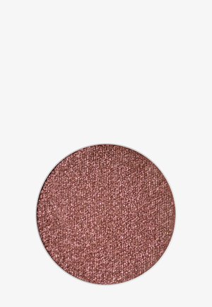 Rosenvergoldetes, funkelndes gepresstes Augen-Make-up in einer runden Pfanne. Feine schimmernde Textur mit metallischem Finish. Silberner Metallrand.