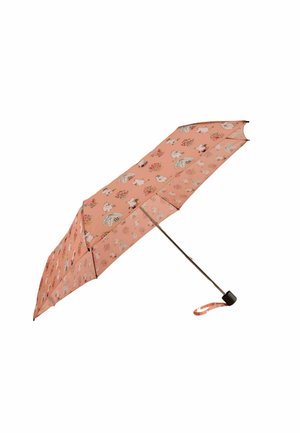 Pink foldable umbrella with animal and floral patterns, metallic silver handle, and a black tip. Adjustable strap attached.