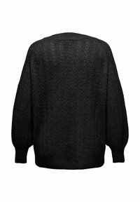 Čierny pletený sveter s textúrovaným cik-cak vzorom, voľný strih, široké rukávy a zaoblený výstrih.